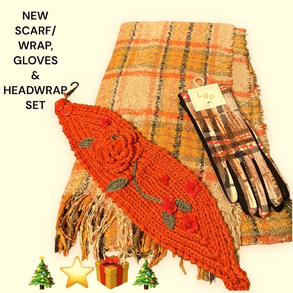 NEW 3 PIECE SET, SOFT SCARF/WRAP, GLOVES & CROCHET BUTTON CLOSE HEAD WRAP 🤩!